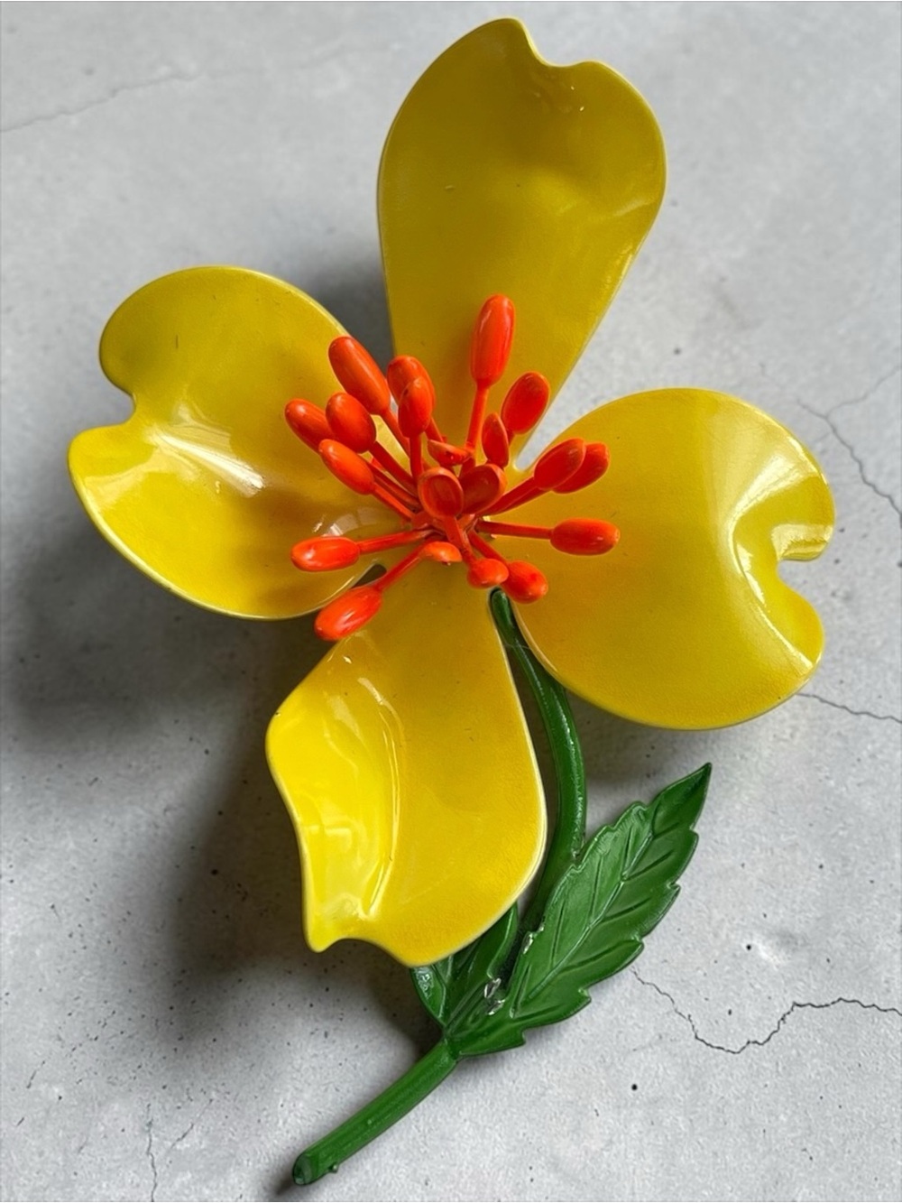 Large Yellow Enamel Oval Metal Flower Brooch With Orange Accents